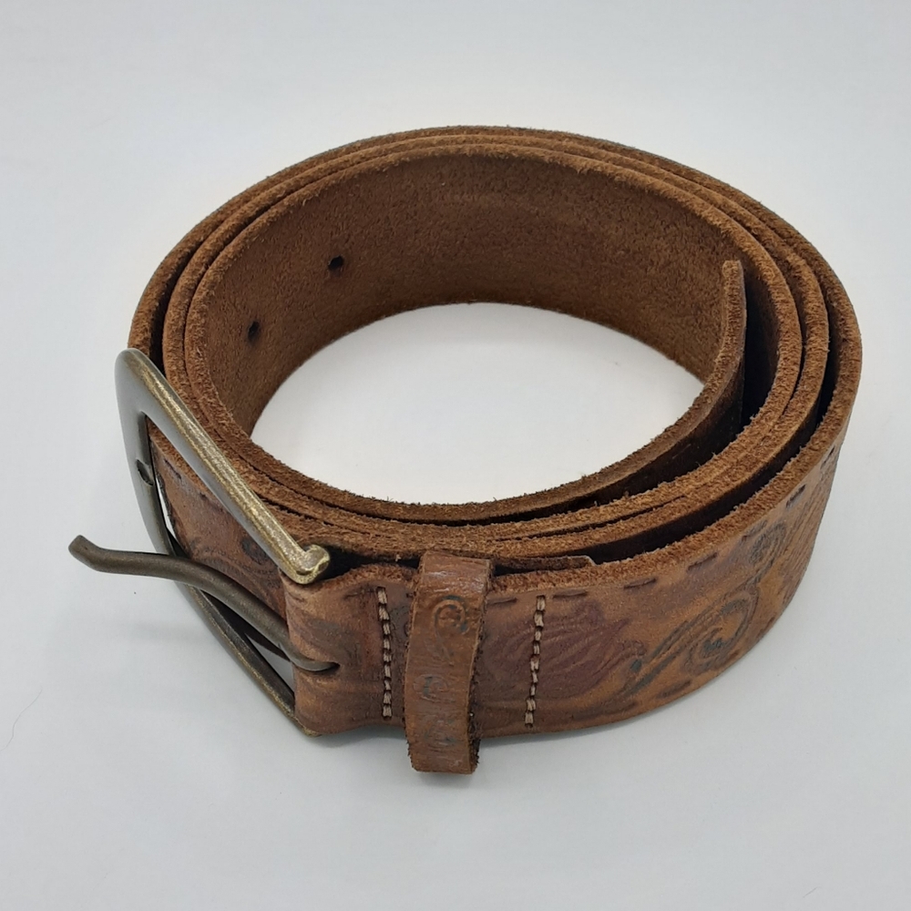 Men's Brown Leather Western Belt With A Floral Embossed Design And Metal Buckle